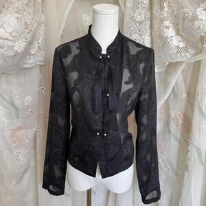 Sheer black blouse with frog closures and tassels Sz. L
